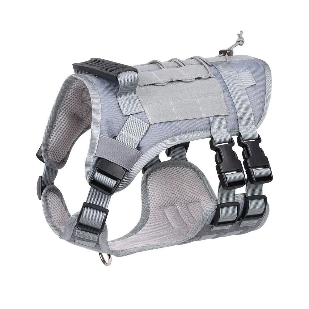 Black tactical dog harness made of Oxford cloth with chest ring and back D-ring on a plain background