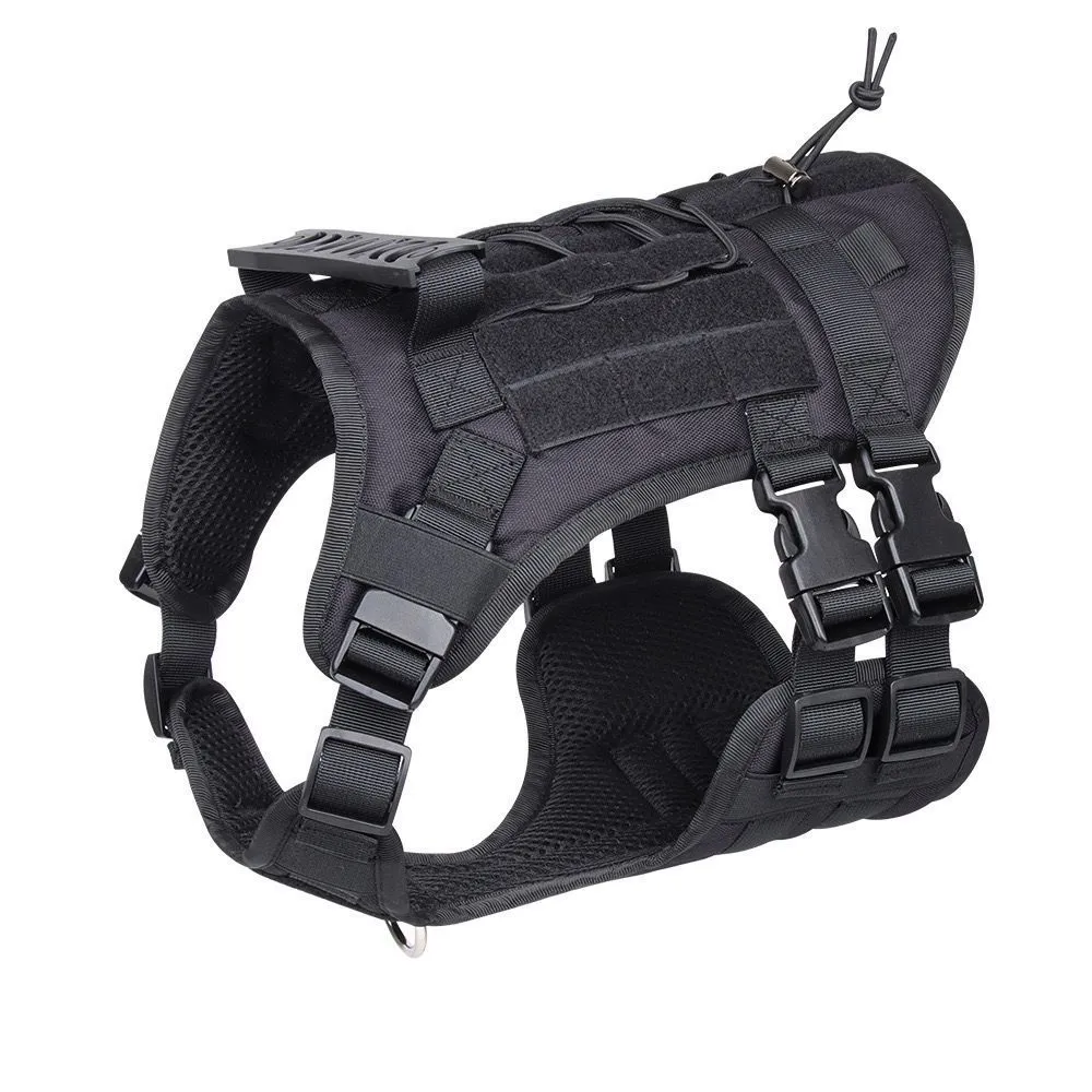 Black tactical dog harness made of Oxford cloth with chest ring and back D-ring on a plain background