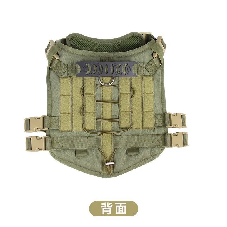 Black tactical dog harness made of Oxford cloth with chest ring and back D-ring on a plain background