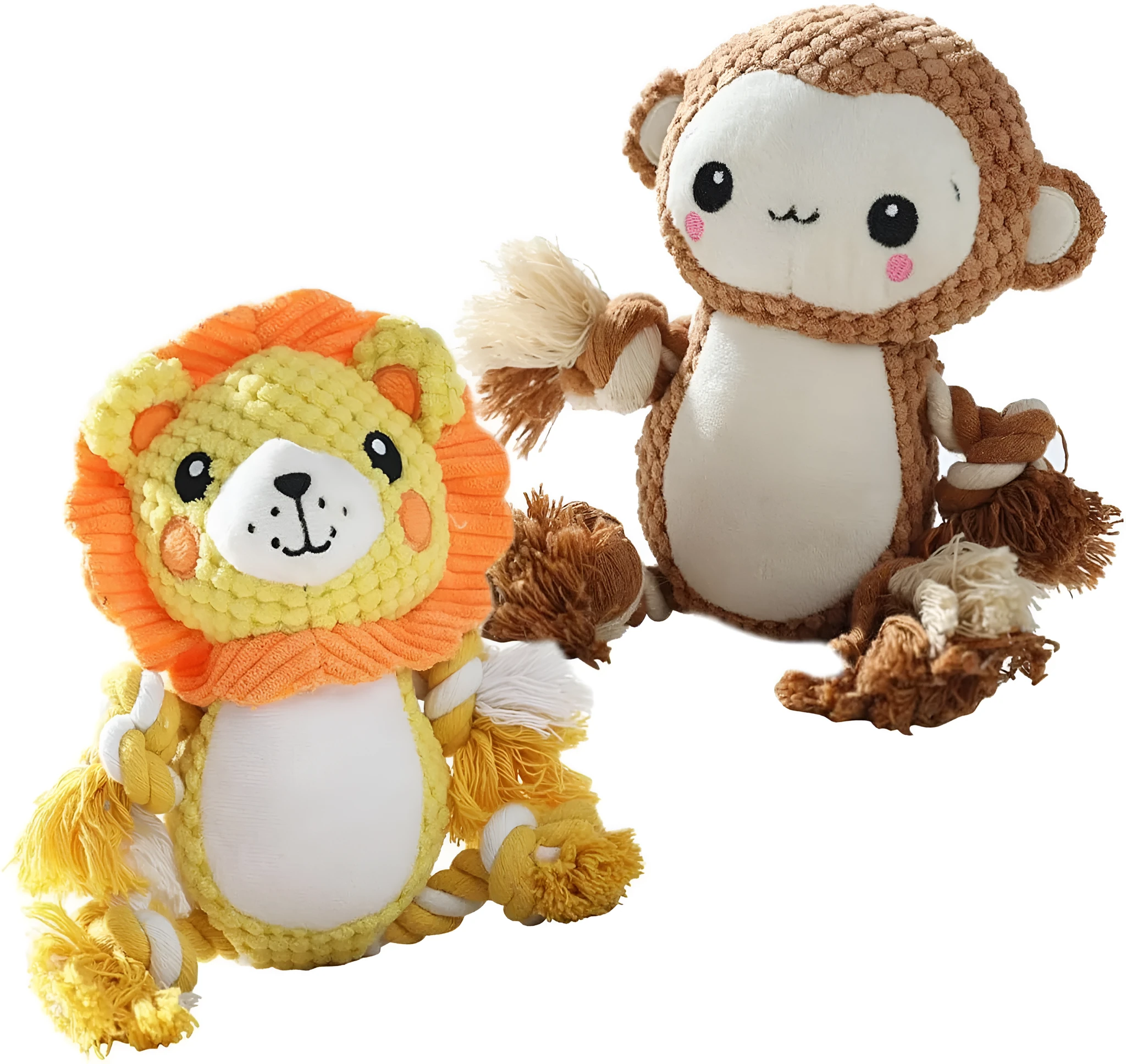 Lion and monkey plush squeaky dog toys bundle for medium to large breeds