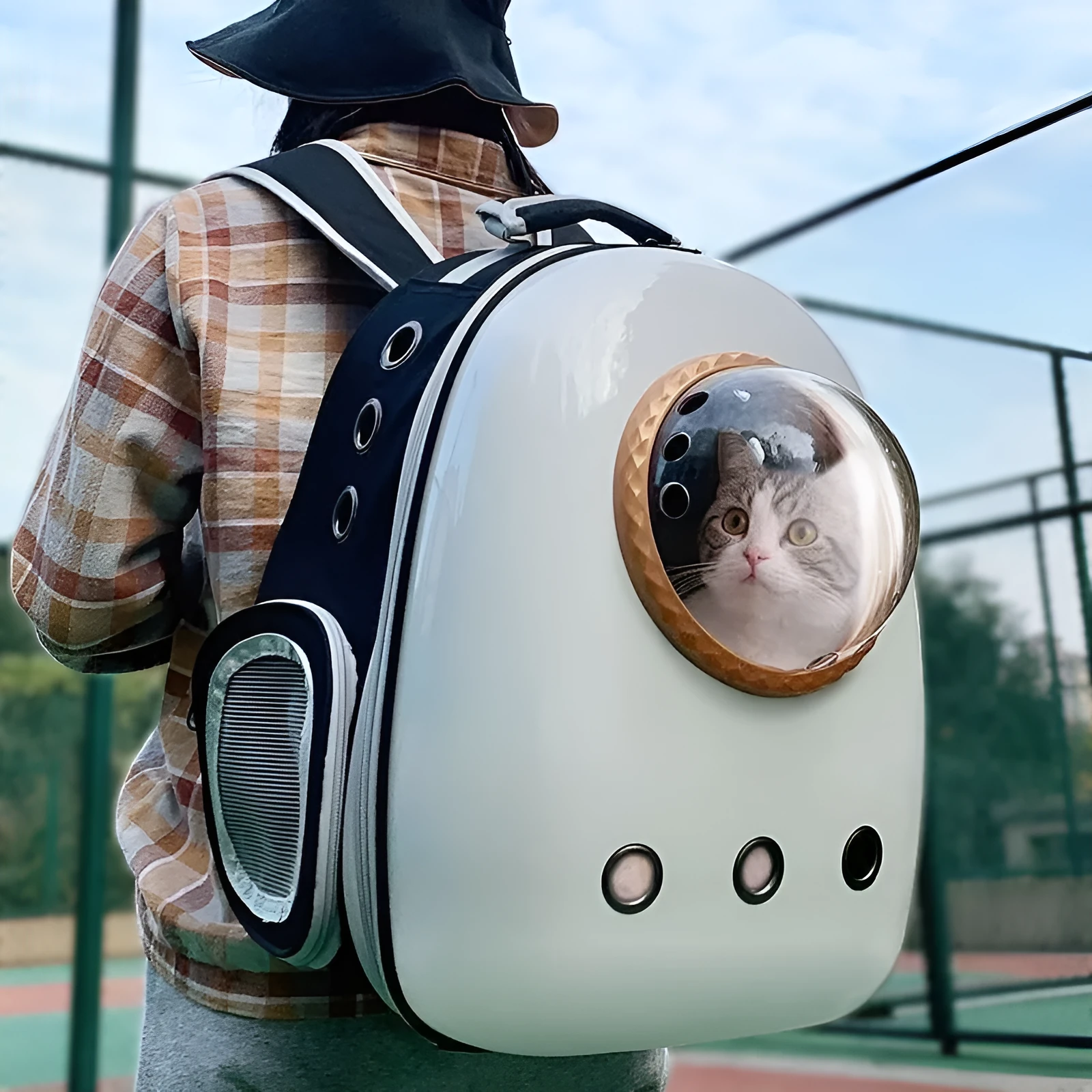 White strengthening style plus sized space capsule pet backpack for cats and small dogs, Oxford material, side view