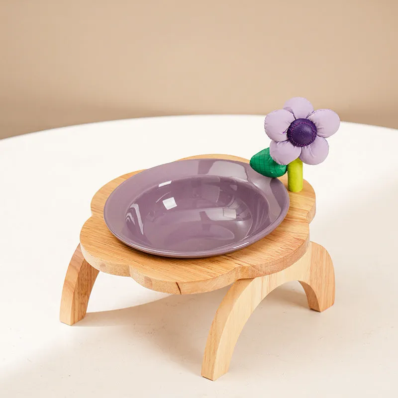 Flower shaped ceramic cat food bowl with wood stand in multi colour, 200ml capacity, 14.7cm diameter