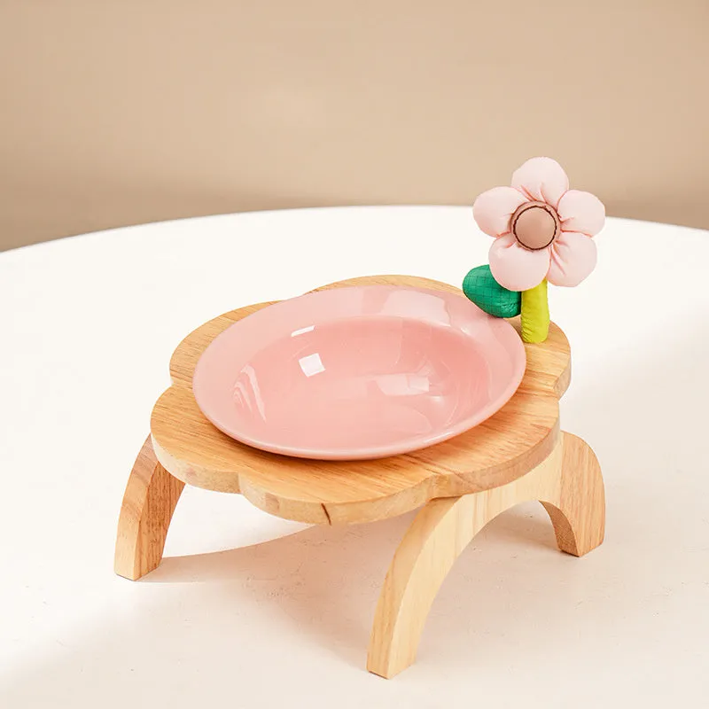 Flower shaped ceramic cat food bowl with wood stand in multi colour, 200ml capacity, 14.7cm diameter
