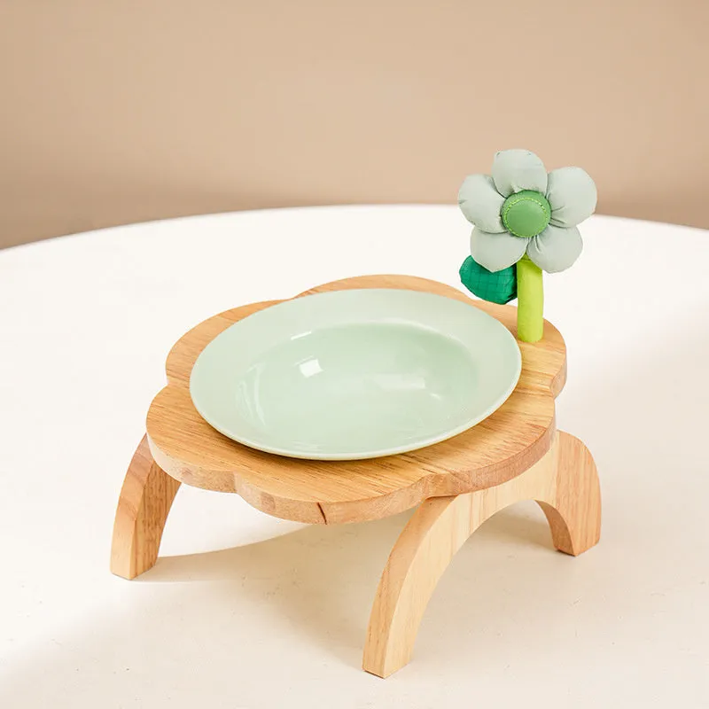 Flower shaped ceramic cat food bowl with wood stand in multi colour, 200ml capacity, 14.7cm diameter