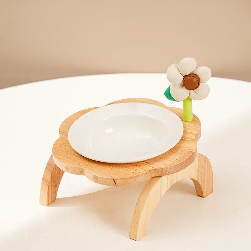 Flower shaped ceramic cat food bowl with wood stand in multi colour, 200ml capacity, 14.7cm diameter