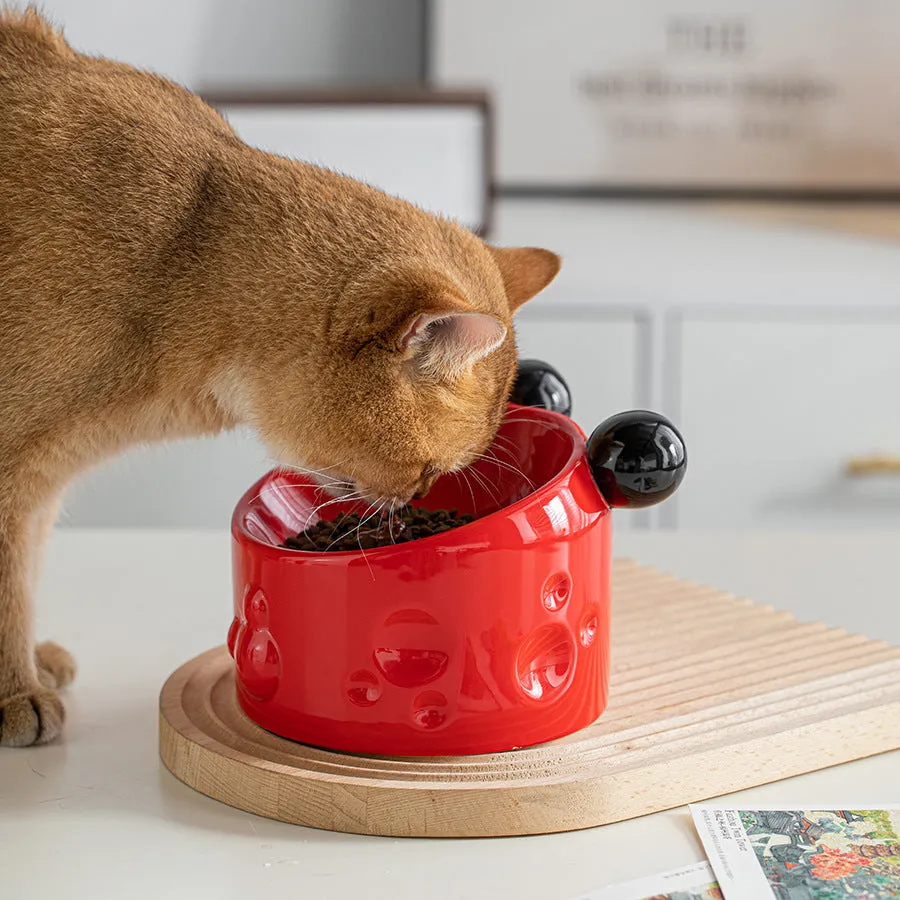 Ceramic high-footed double pet bowl with tilted anti-spill stand, in white, for cats and dogs