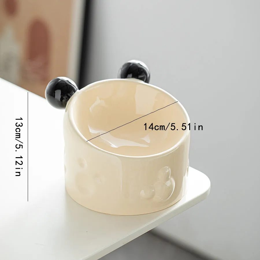 Ceramic high-footed double pet bowl with tilted anti-spill stand, in white, for cats and dogs