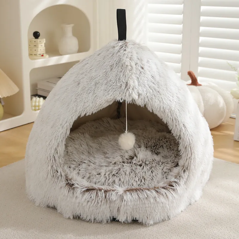 Plush winter cat nest bed in soft cloth with enclosed design, available in multiple colours and sizes