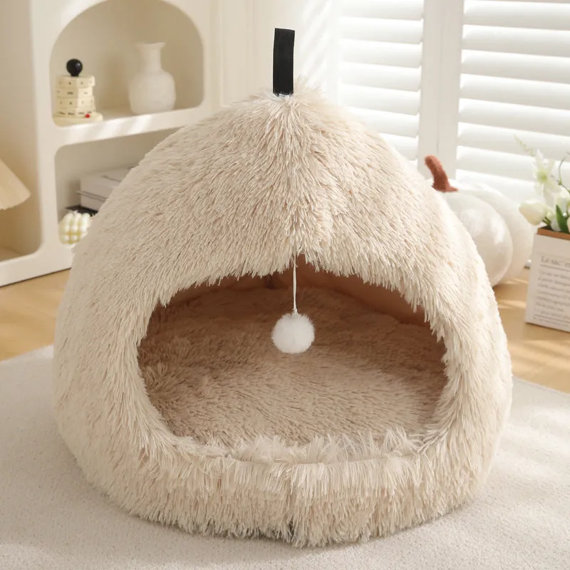 Plush winter cat nest bed in soft cloth with enclosed design, available in multiple colours and sizes