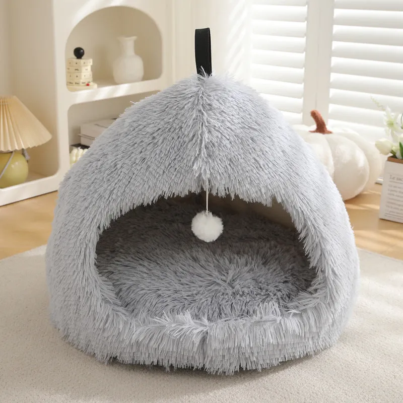 Plush winter cat nest bed in soft cloth with enclosed design, available in multiple colours and sizes