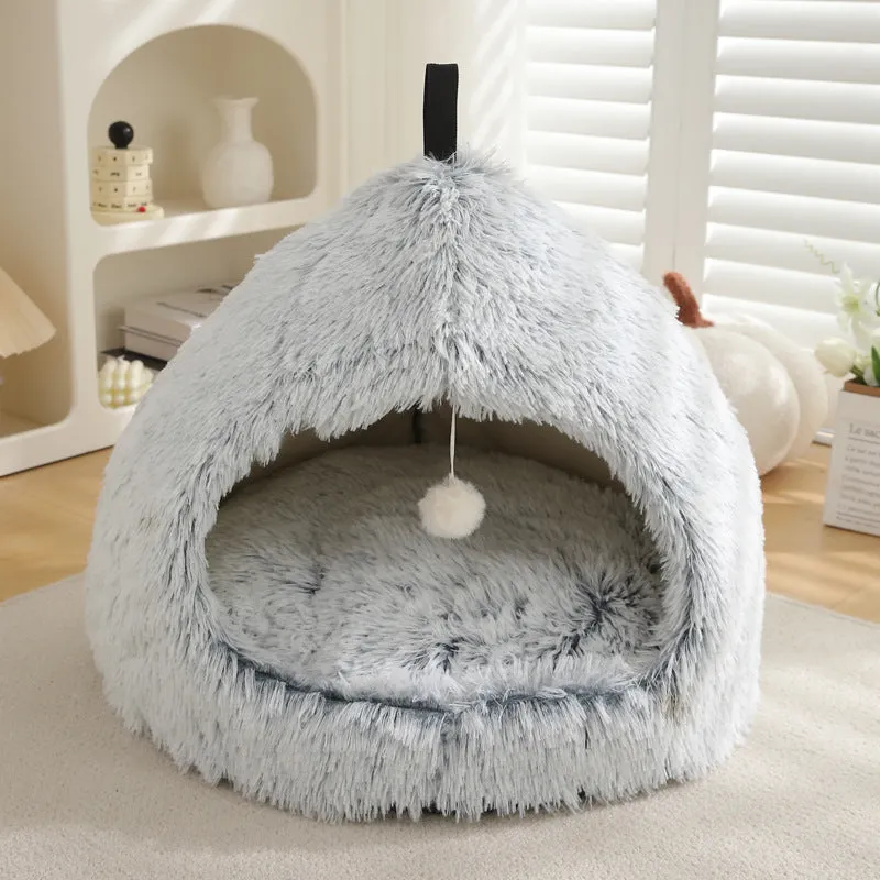 Plush winter cat nest bed in soft cloth with enclosed design, available in multiple colours and sizes