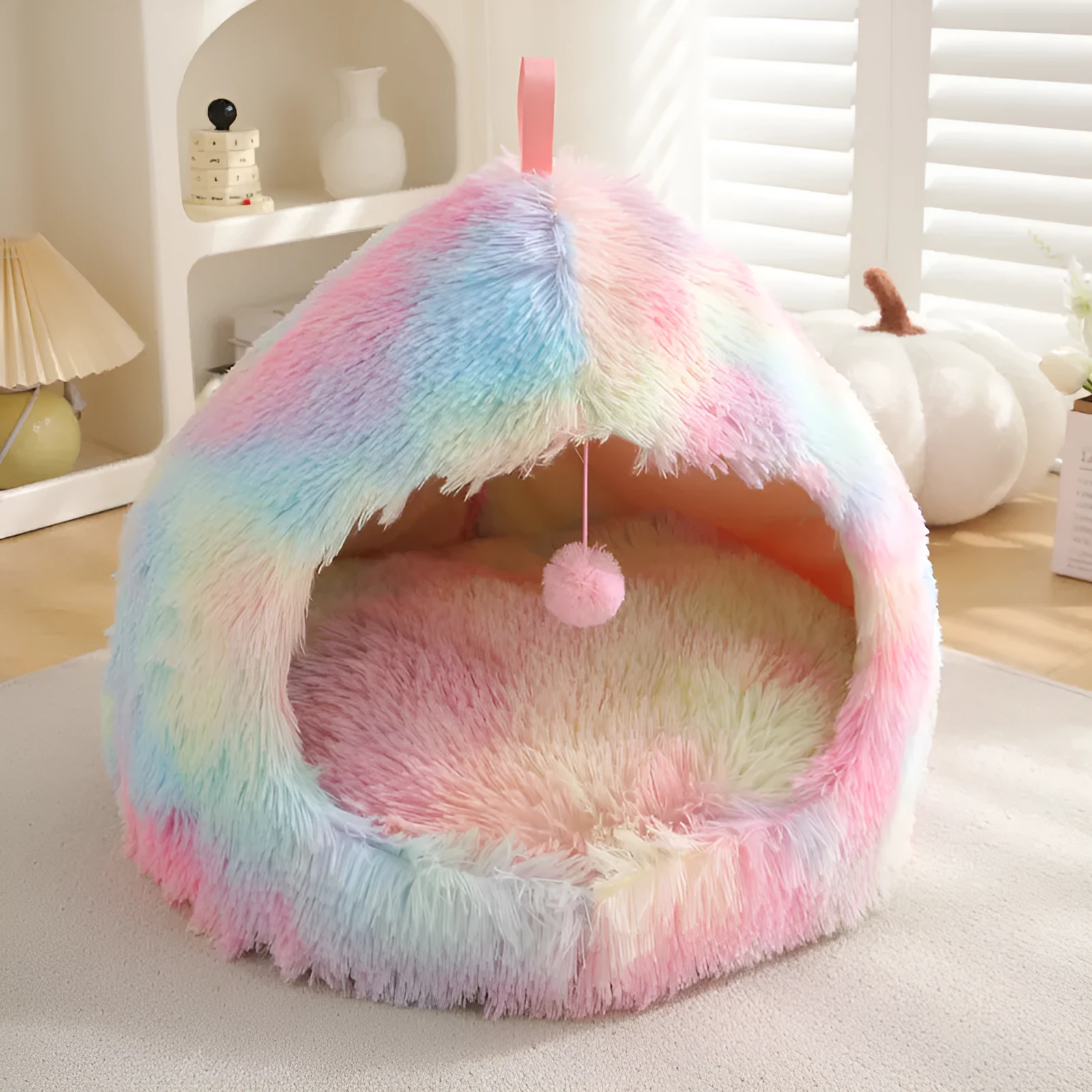 Plush winter cat nest bed in soft cloth with enclosed design, available in multiple colours and sizes