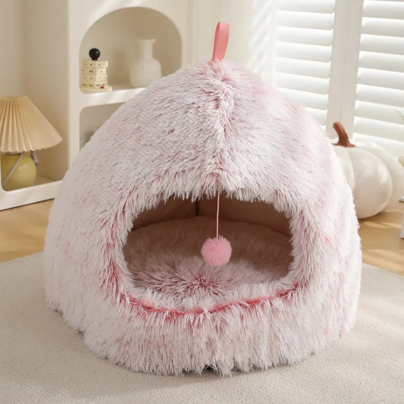 Plush winter cat nest bed in soft cloth with enclosed design, available in multiple colours and sizes