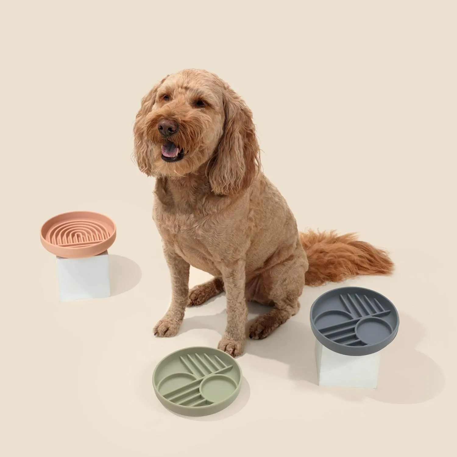 Silicone slow feeder dog bowl with ridges in various colours on a table.