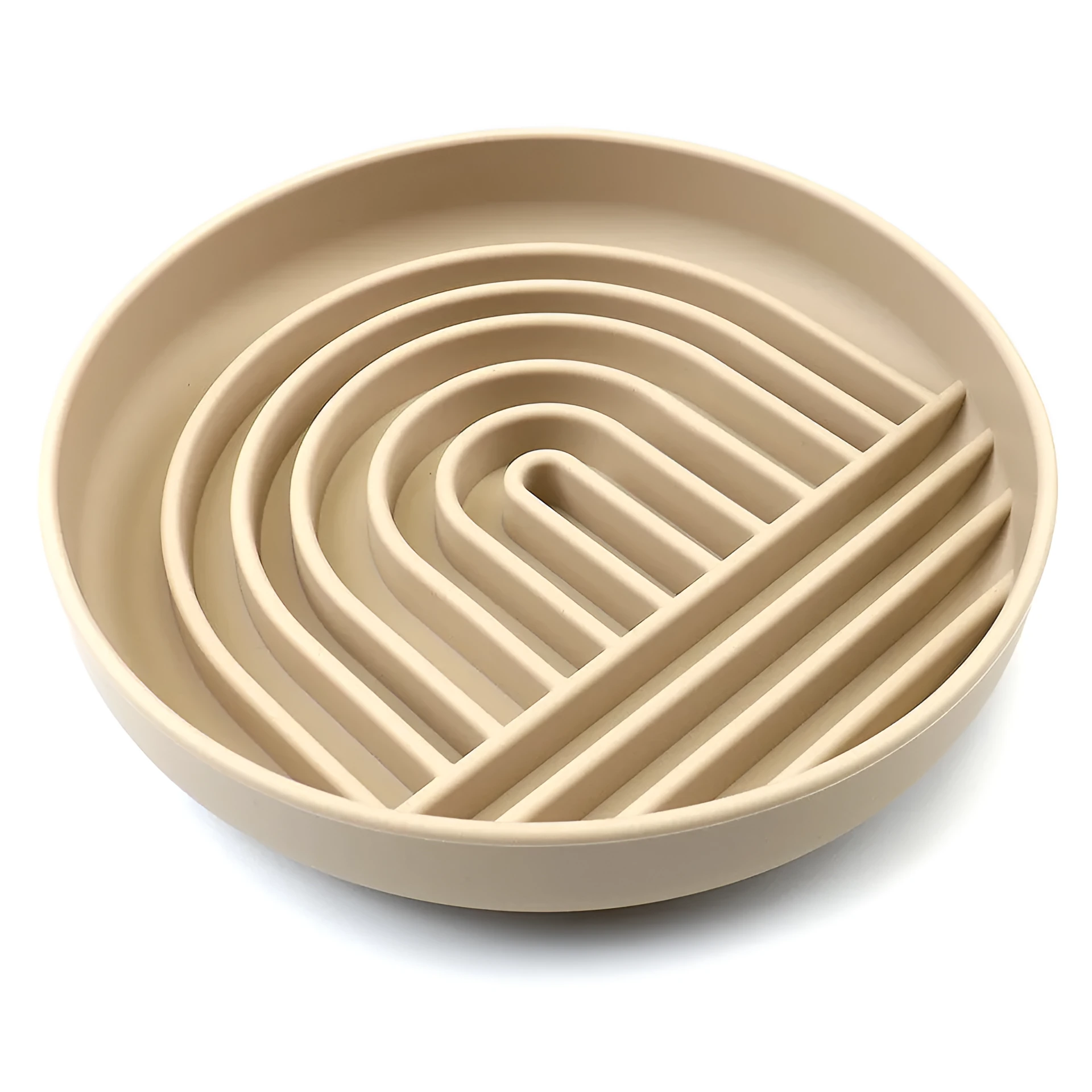 Silicone slow feeder dog bowl with ridges in various colours on a table.