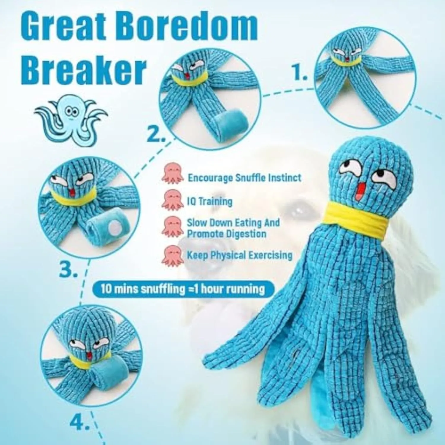 Plush octopus squeaky dog toy with crinkle fabric in blue colour for small dogs