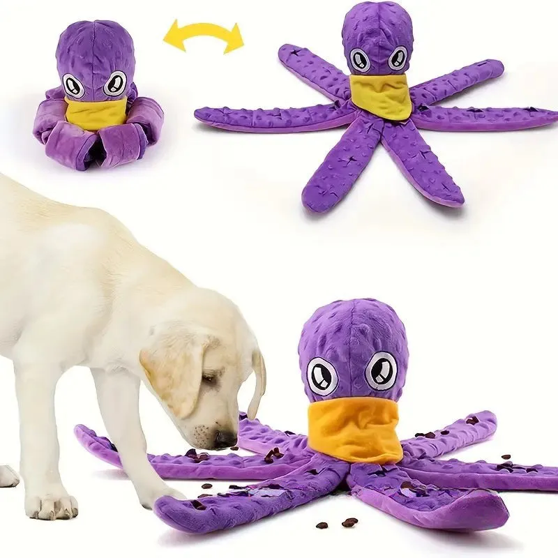 Plush octopus squeaky dog toy with crinkle fabric in blue colour for small dogs