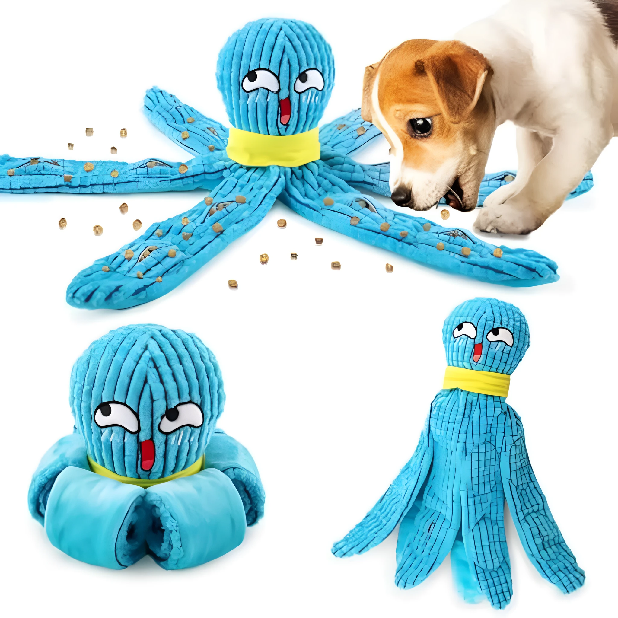 Plush octopus squeaky dog toy with crinkle fabric in blue colour for small dogs