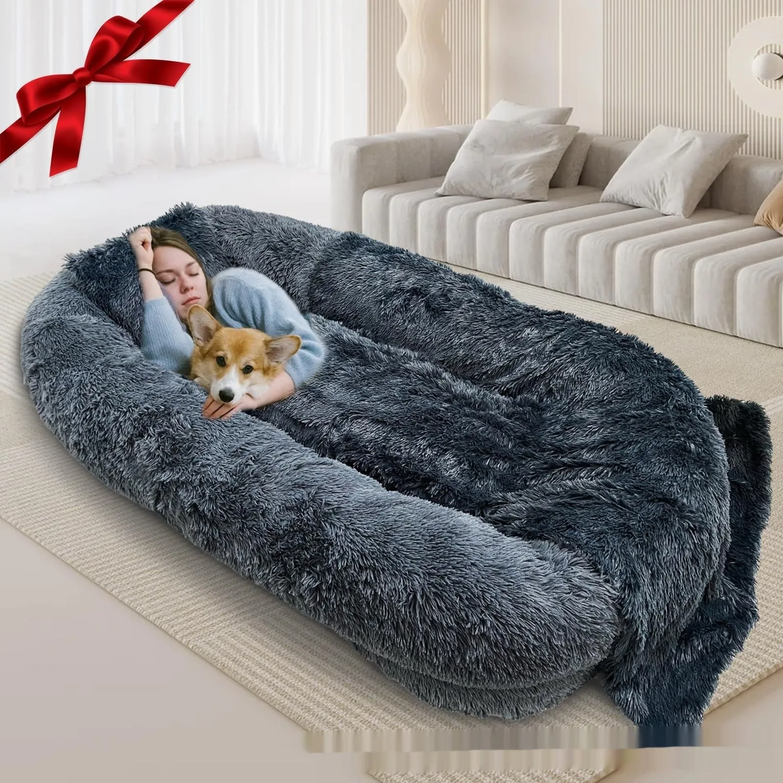 Queen bed pet plush sofa in dark gray with matching blanket, 5XL size, cloth material for dogs