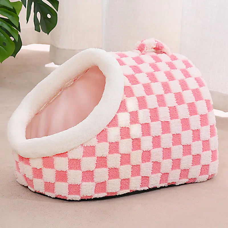Four Seasons semi-enclosed dog bed in chessboard yellow, cloth material, 42x30x25cm size, for indoor use