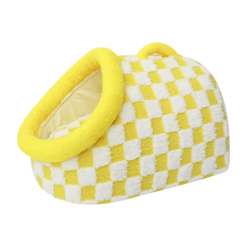Four Seasons semi-enclosed dog bed in chessboard yellow, cloth material, 42x30x25cm size, for indoor use