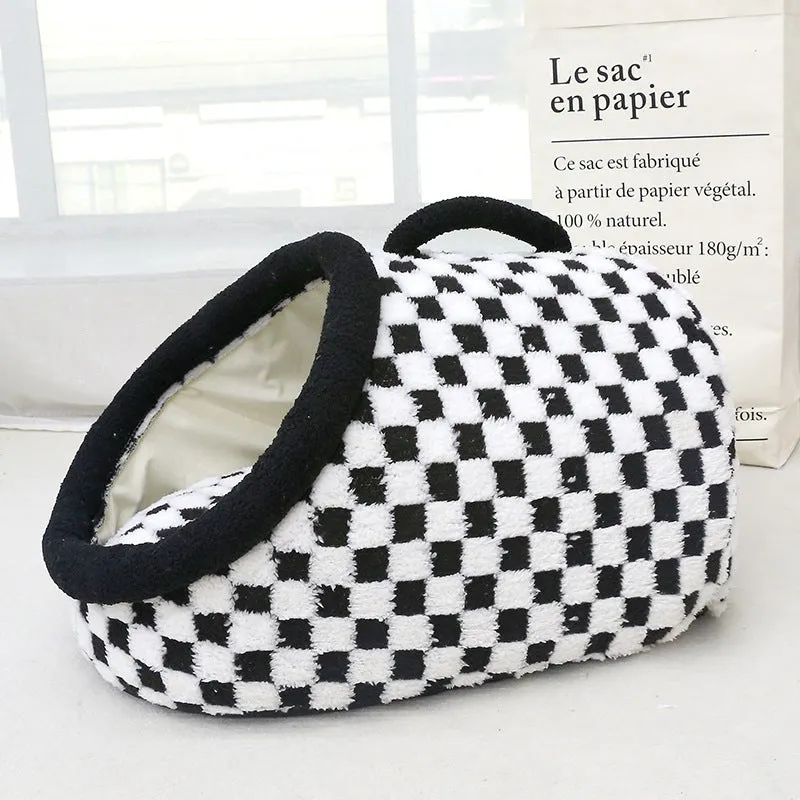 Four Seasons semi-enclosed dog bed in chessboard yellow, cloth material, 42x30x25cm size, for indoor use