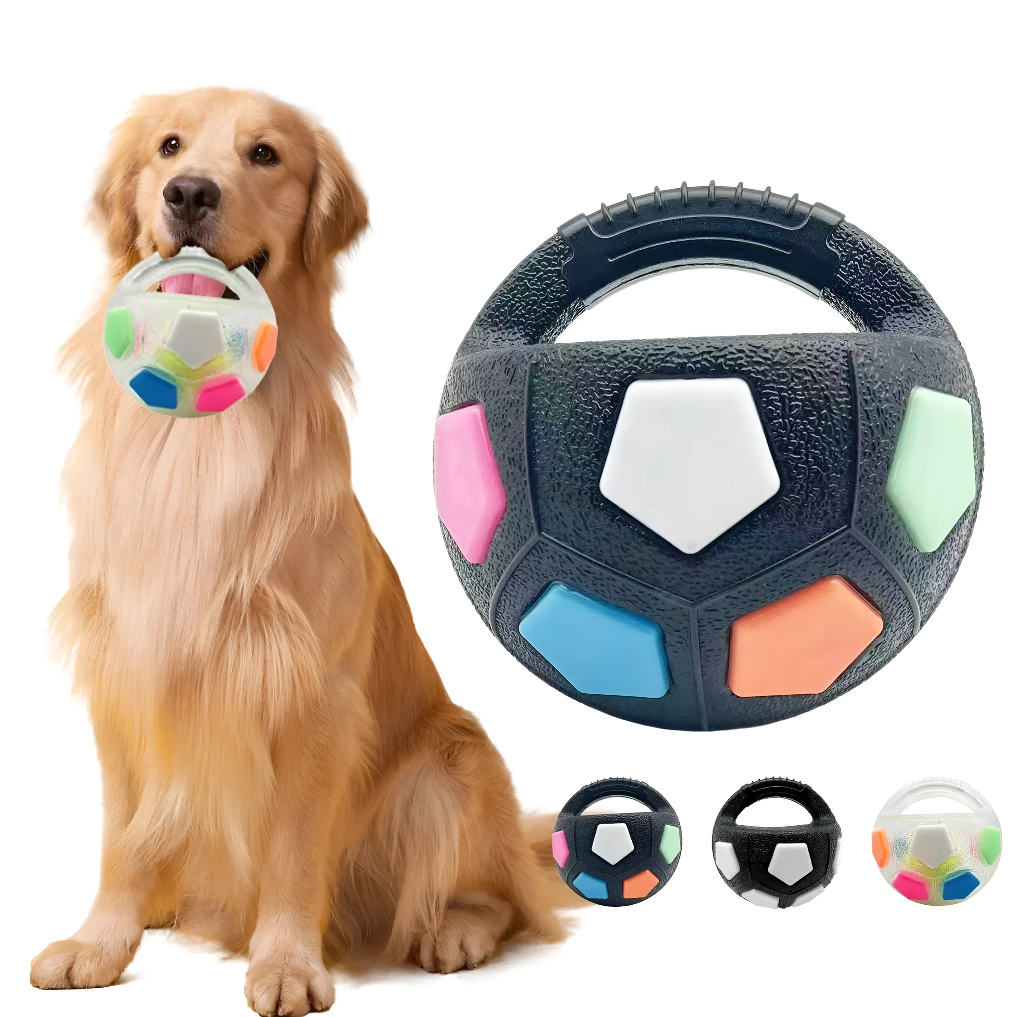 Football tennis ball shaped dog toy in black with squeaker for fetch and teething relief