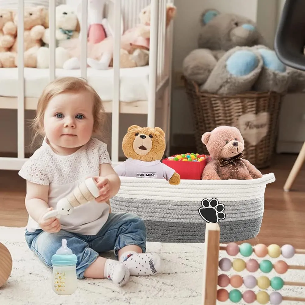 Handmade light beige woven cotton rope storage basket with wooden handle 34cm wide