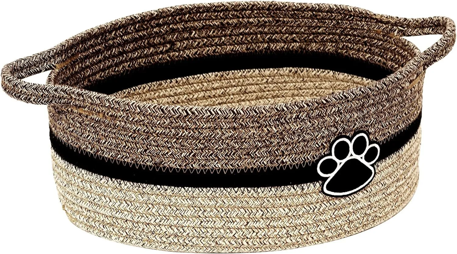 Handmade light beige woven cotton rope storage basket with wooden handle 34cm wide