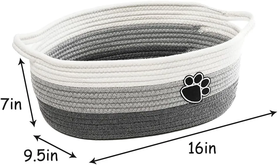 Handmade light beige woven cotton rope storage basket with wooden handle 34cm wide
