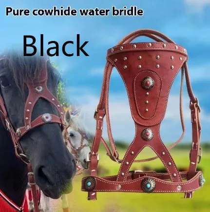 Pure cowhide horse halter with metal buckle and dragon cover in red on a wooden stable background