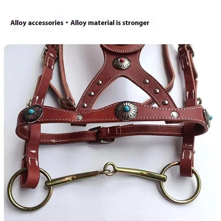 Pure cowhide horse halter with metal buckle and dragon cover in red on a wooden stable background