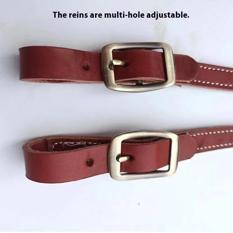Pure cowhide horse halter with metal buckle and dragon cover in red on a wooden stable background