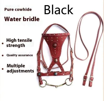 Pure cowhide horse halter with metal buckle and dragon cover in red on a wooden stable background