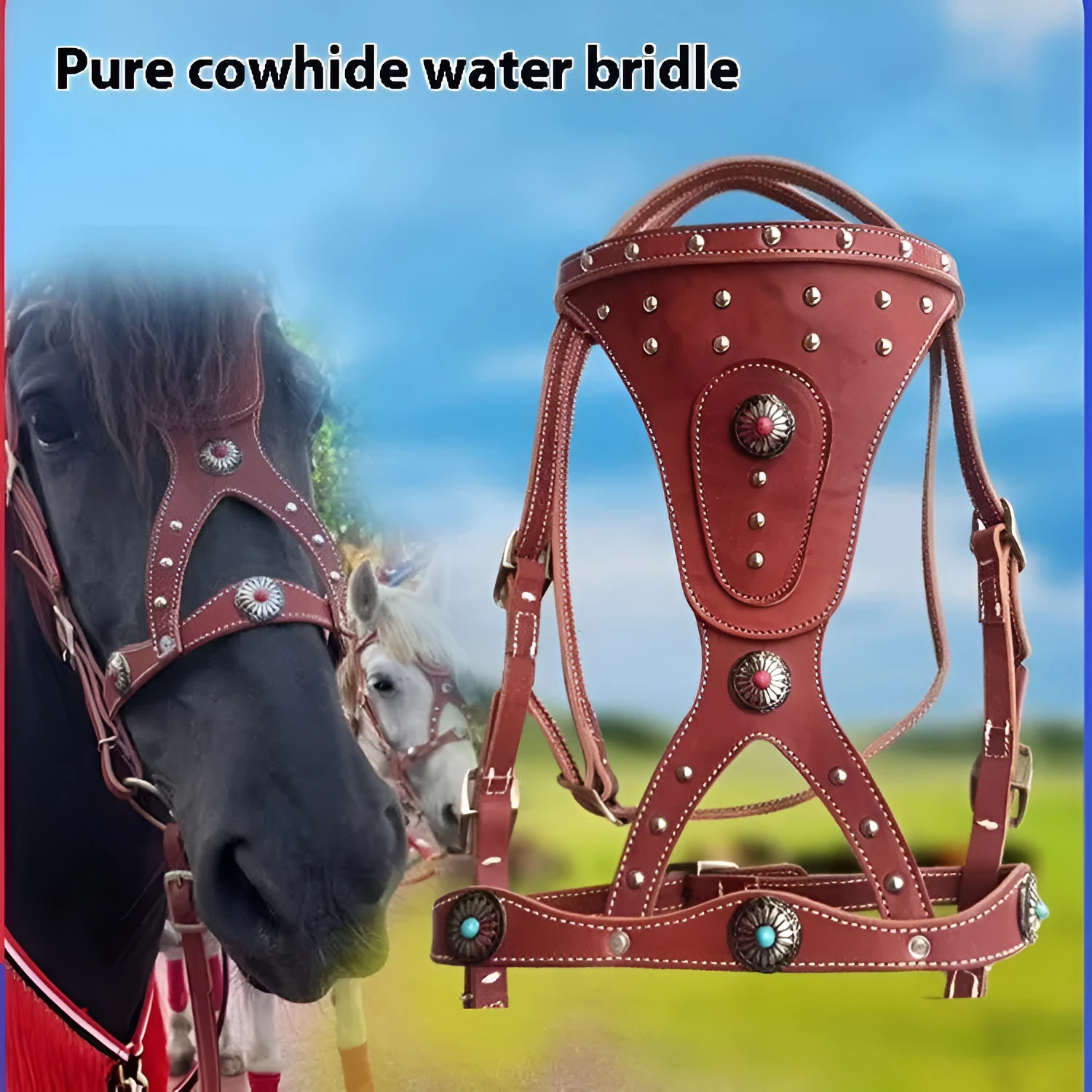Pure cowhide horse halter with metal buckle and dragon cover in red on a wooden stable background