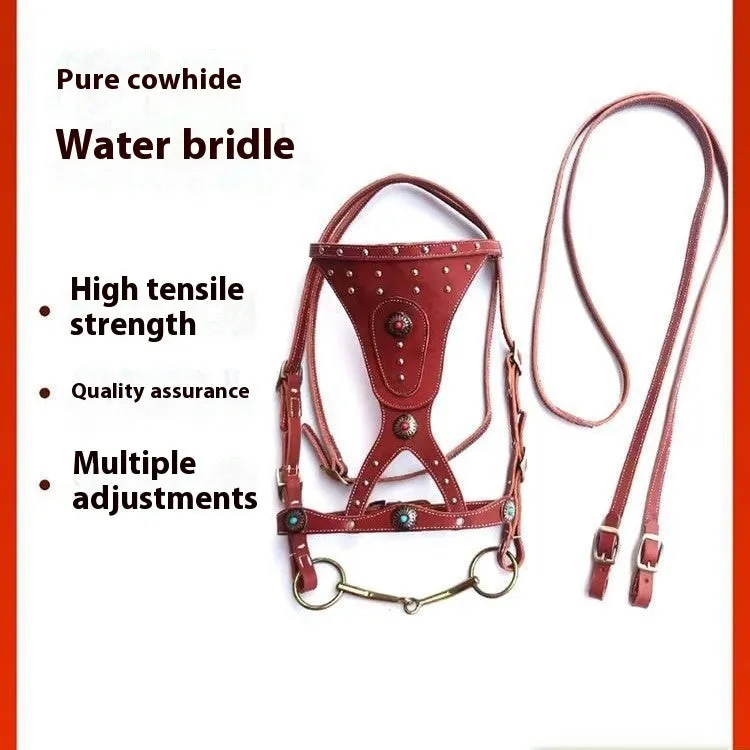 Pure cowhide horse halter with metal buckle and dragon cover in red on a wooden stable background