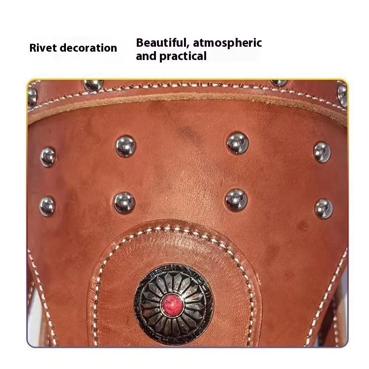 Pure cowhide horse halter with metal buckle and dragon cover in red on a wooden stable background