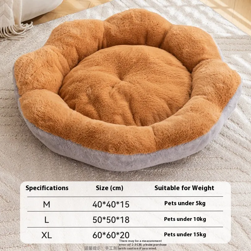 Round grey and black rabbit plush pet bed for cats with a thick, padded rim.