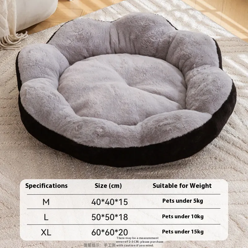 Round grey and black rabbit plush pet bed for cats with a thick, padded rim.