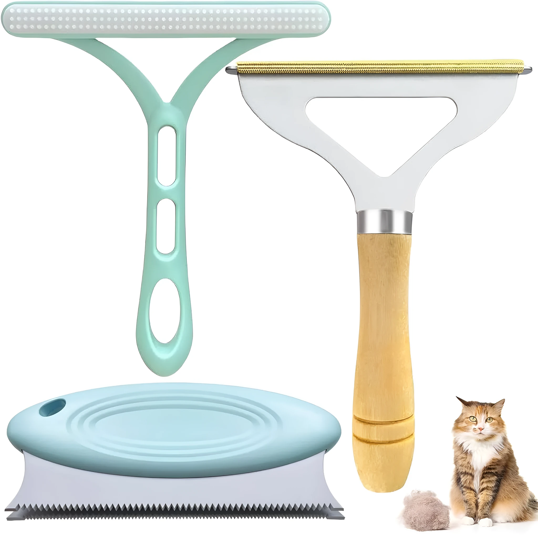 Green three-piece pet hair remover set with metal shaver, silicone brush and round cleaner tools