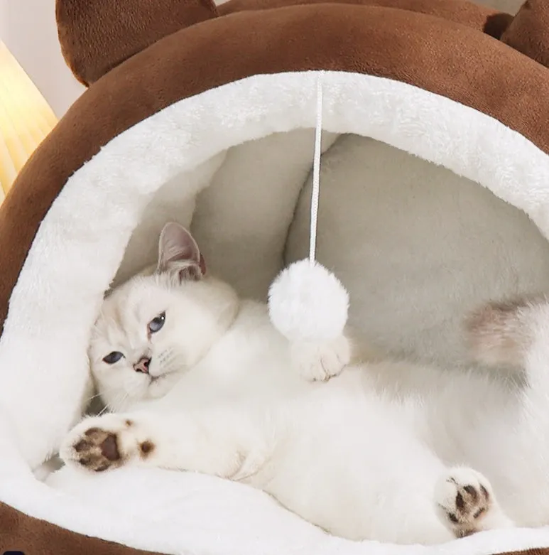 Cat nest four seasons winter warm closed bed with three-layer fleece lining in lightning mouse style for small and large cats