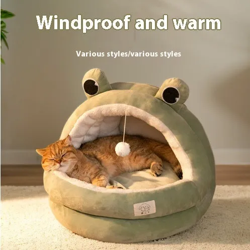 Cat nest four seasons winter warm closed bed with three-layer fleece lining in lightning mouse style for small and large cats