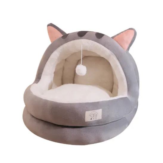 Cat nest four seasons winter warm closed bed with three-layer fleece lining in lightning mouse style for small and large cats