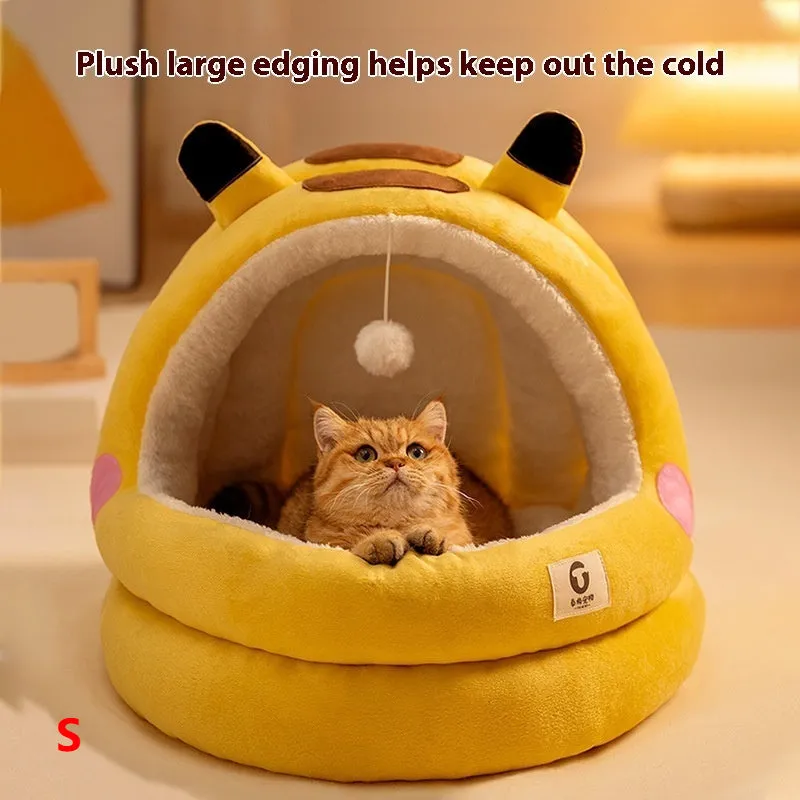 Cat nest four seasons winter warm closed bed with three-layer fleece lining in lightning mouse style for small and large cats