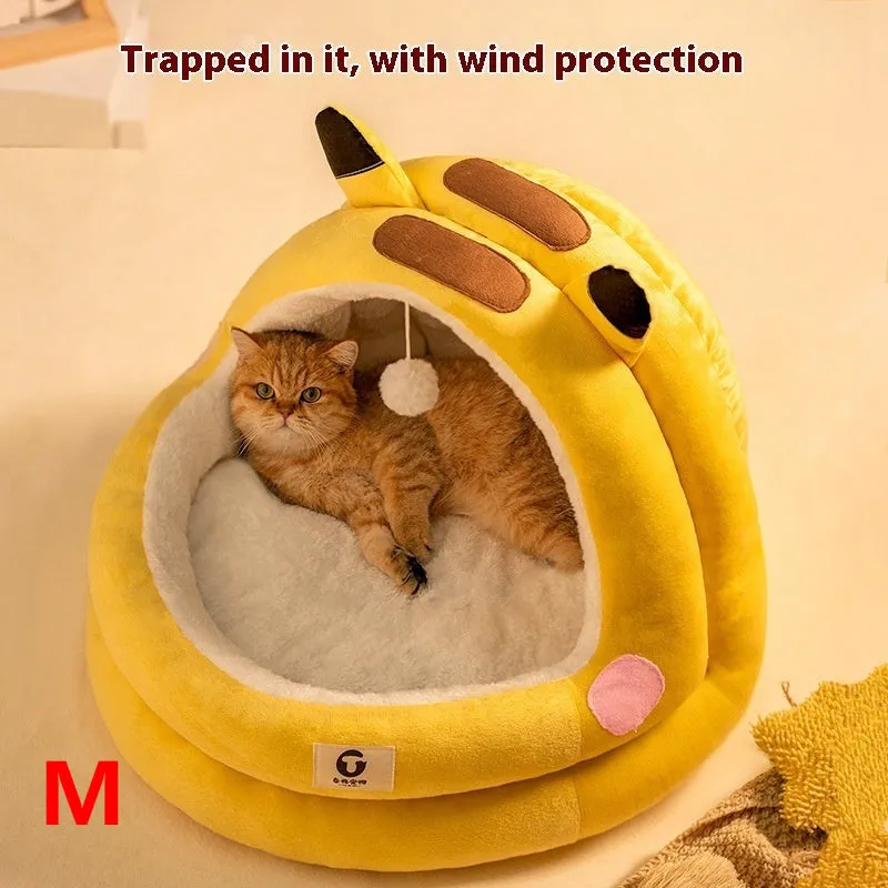 Cat nest four seasons winter warm closed bed with three-layer fleece lining in lightning mouse style for small and large cats
