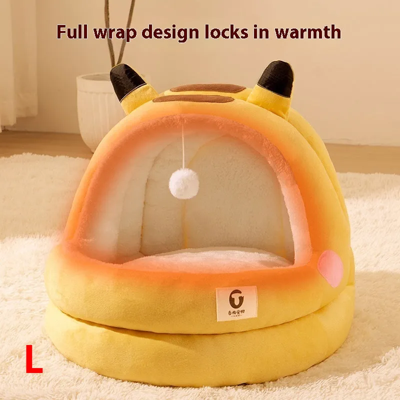 Cat nest four seasons winter warm closed bed with three-layer fleece lining in lightning mouse style for small and large cats