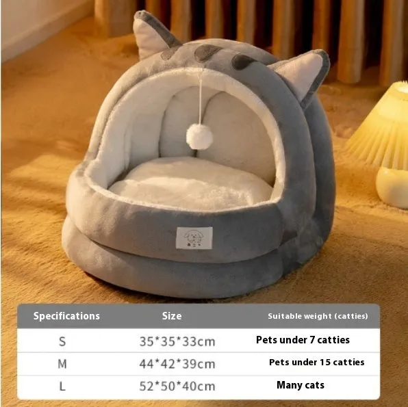 Cat nest four seasons winter warm closed bed with three-layer fleece lining in lightning mouse style for small and large cats