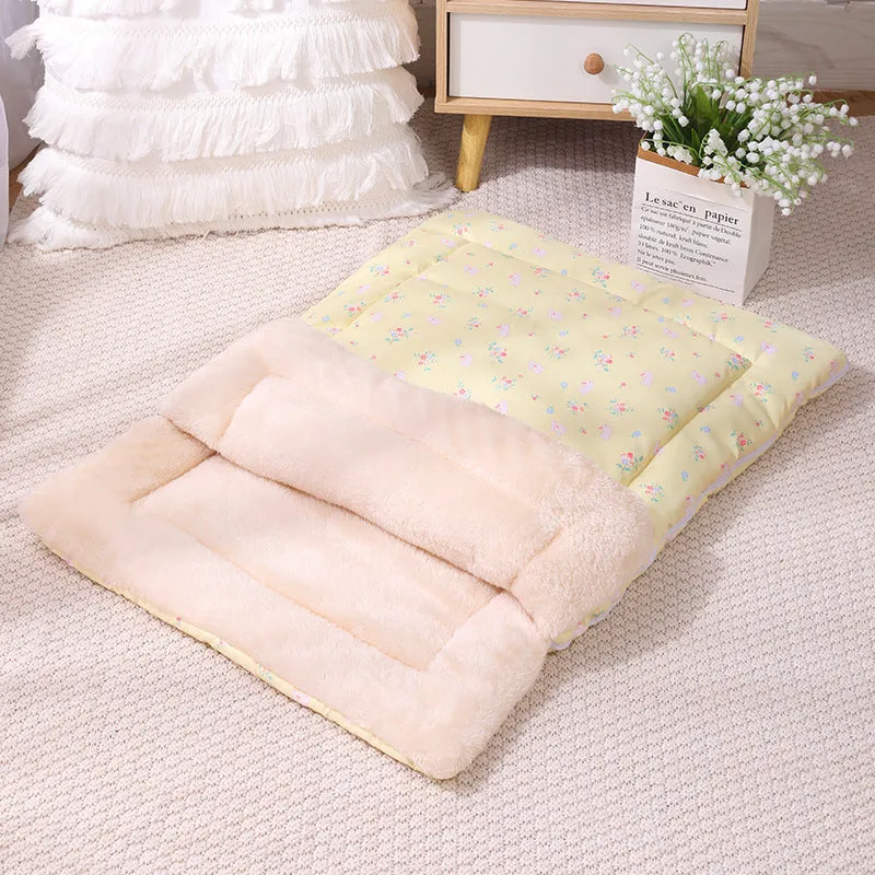 Soft cat bed in pink with detachable mat and foldable design, size M 70x100cm