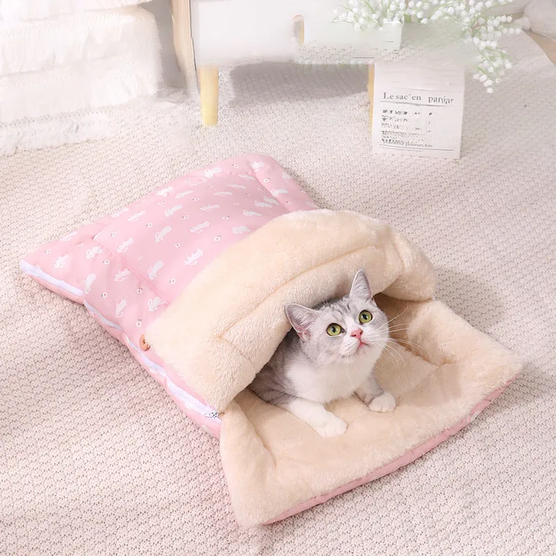 Soft cat bed in pink with detachable mat and foldable design, size M 70x100cm