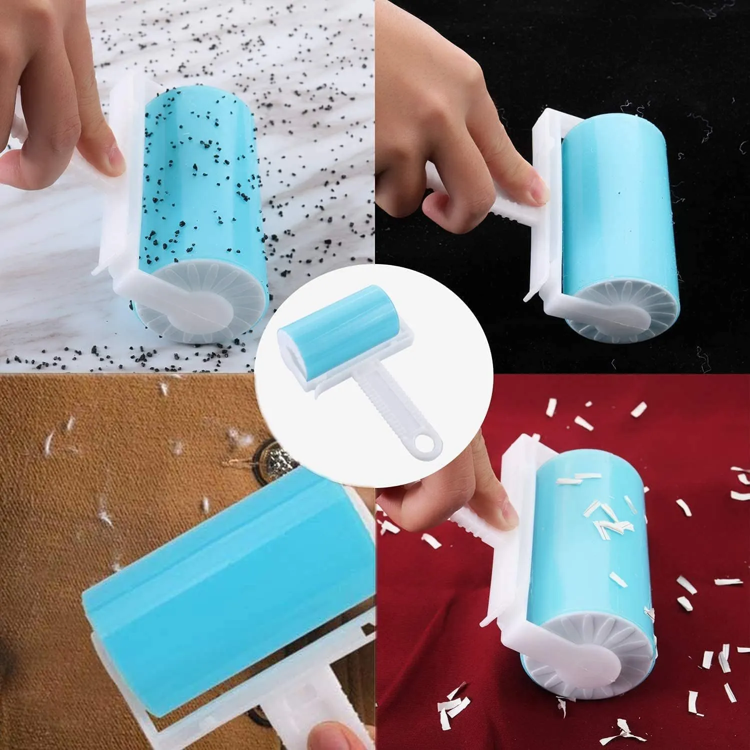 Blue reusable washable lint roller with cover for removing pet hair from clothes and sofas.